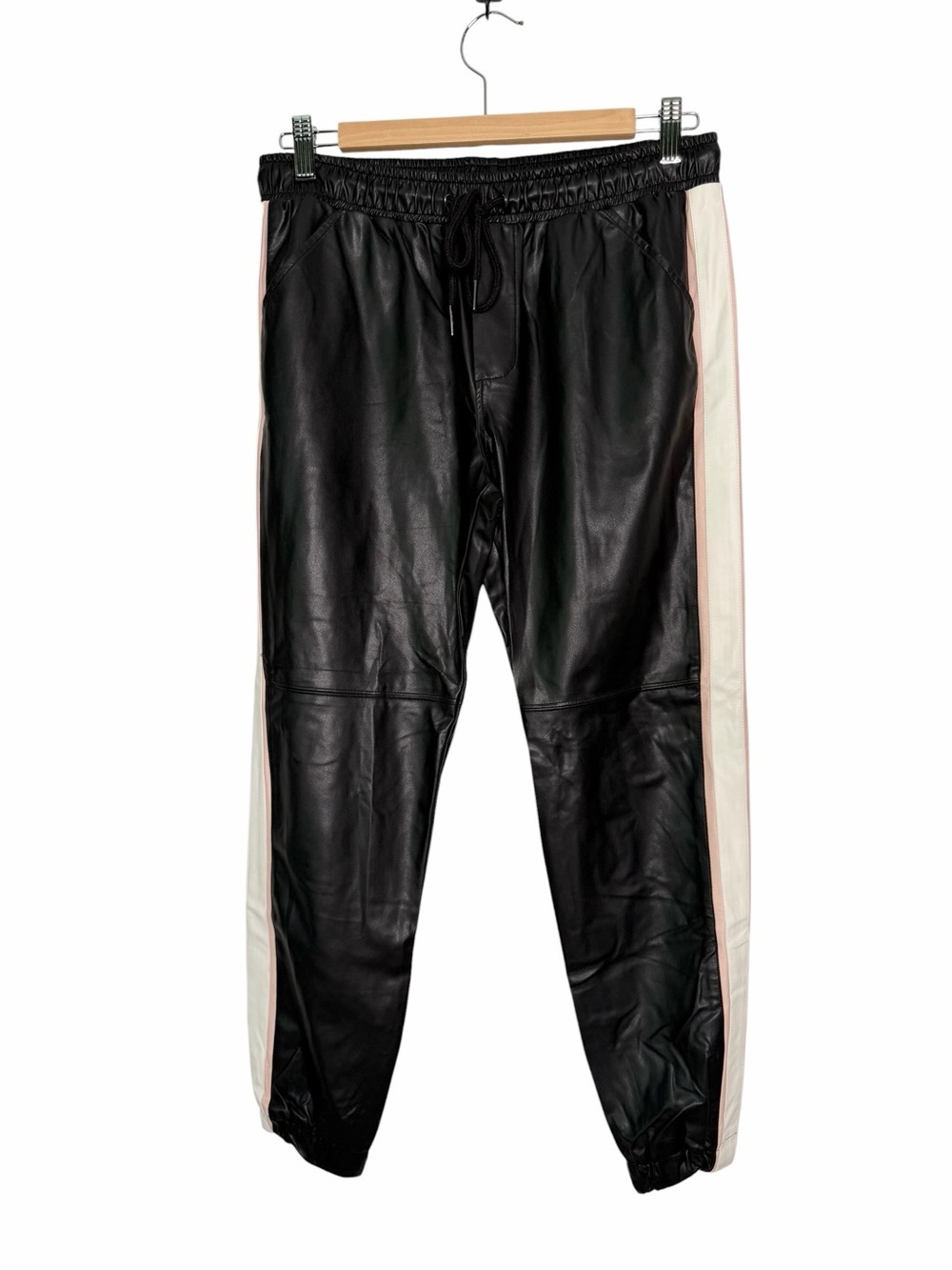 David Lerner Side Stripe Faux Leather Jogger Pants Black Size Small NWOT